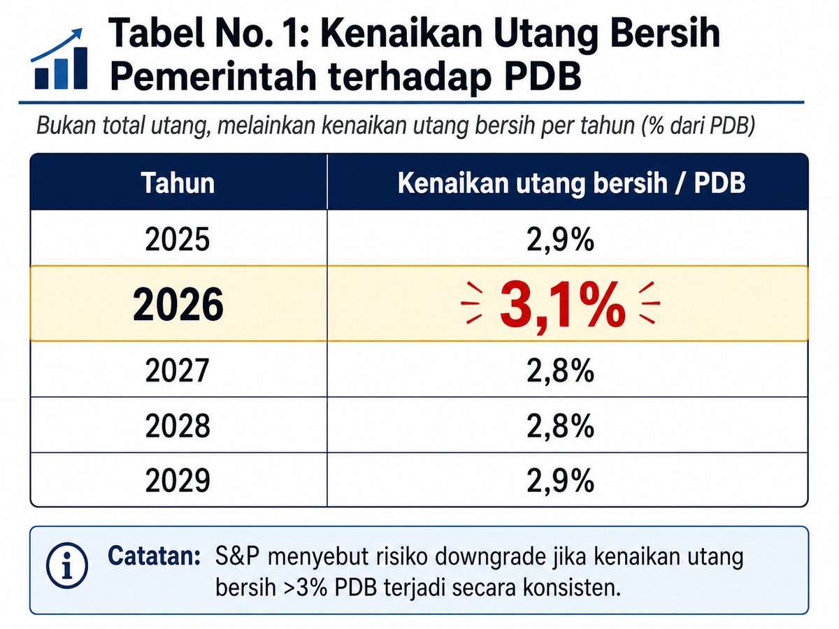 mikelsaham's tweet photo. S&P mempertahankan peringkat kredit Indonesia pada BBB untuk jangka panjang dan A-2 untuk jangka pendek, dengan prospek stabil.

Tapi rating ini bisa di di downgrade jika : 
1.Utang bersih pemerintah naik secara konsisten lebih dari 3% terhadap PDB setiap tahun. Pada 2026, kenaikan utang bersih pemerintah diperkirakan mencapai 3,1% terhadap PDB.
 
2.Pembayaran bunga utang pemerintah terus berada di atas 15% dari total pendapatan negara dalam jangka panjang.
Ini memang sudah berada di atas batas perhatian S&P sebesar 15%. Namun, S&P memperkirakan rasio tersebut turun kembali di bawah 15% mulai 2028 karena pendapatan negara membaik dan suku bunga menurun. Jadi, poin kedua merupakan risiko paling nyata saat ini.

3.Pemasukan devisa dari ekspor melemah, sementara kebutuhan dolar untuk membayar impor dan utang luar negeri terus meningkat.Pertumbuhan ekspor turun dari 7,8% menjadi sekitar 5%. Masalah jangka pendeknya adalah biaya impor energi meningkat lebih cepat, khususnya minyak. 

Sekarang di balik. Apa yang bisa dilakukan untuk menaikkan rating Indonesia. Menurut S&P ada beberapa cara : 
1.  Defisit APBN mengecil dari sekitar 3% menjadi mendekati 1% PDB. 

2. Pendapatan negara meningkat, sehingga pemerintah tidak terlalu bergantung pada utang. 

3.  Beban bunga dan biaya pinjaman turun. 

4. Rupiah lebih stabil. 

5. Utang dan kebutuhan dolar dari luar negeri jauh lebih kecil dibandingkan pemasukan devisa dan cadangan devisa.