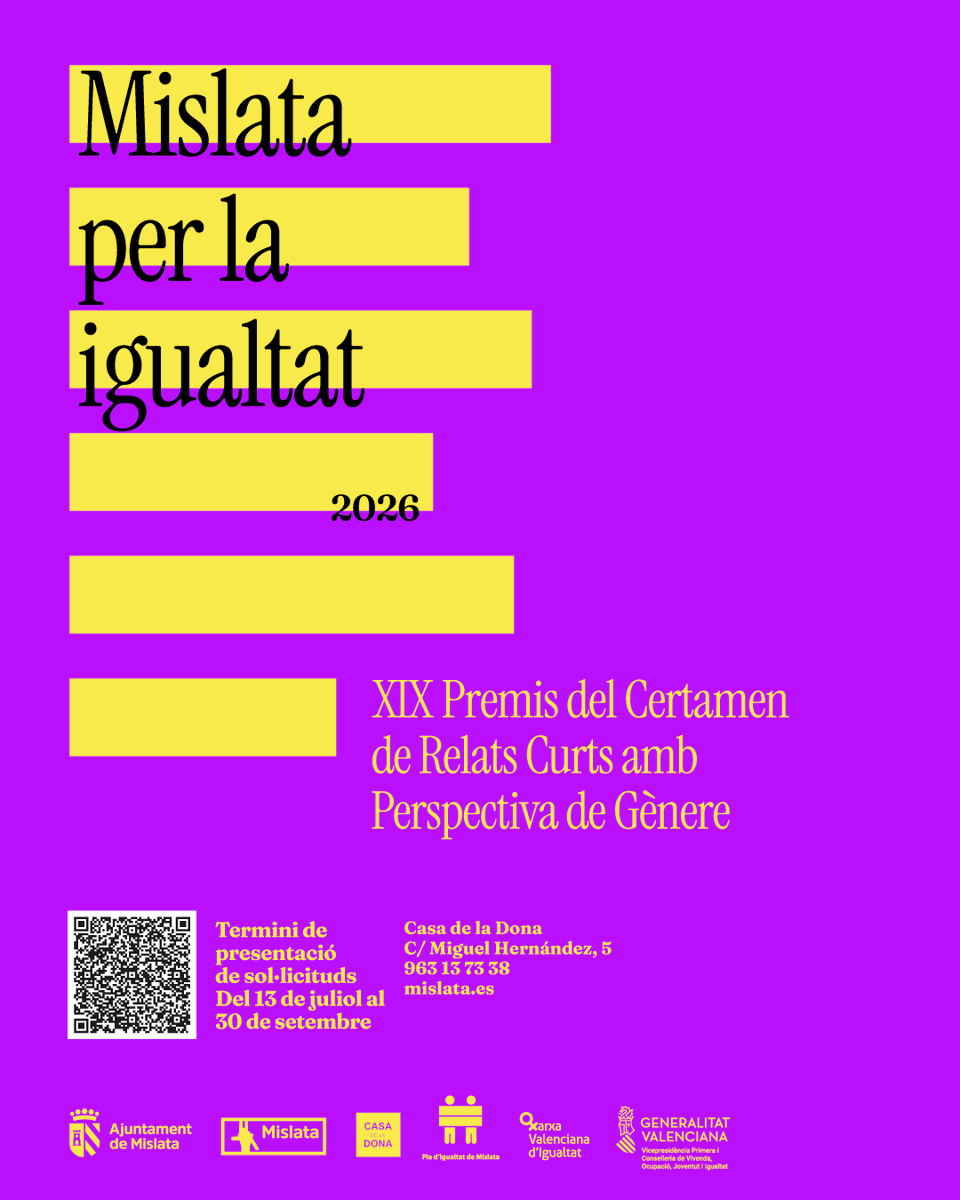AjMislata's tweet photo. 📋 XIX edición del Certamen de Relato Corto con Perspectiva de género – Mislata por la Igualdad 2026

🗓️ TERMINI OBERT: fins al 30 de setembre
📍 Presentació: preferentment de forma telemàtica o en Casa de la Dona

🔗Bases ➤ https://t.co/BCB2psyyqw https://t.co/gboCC254t6