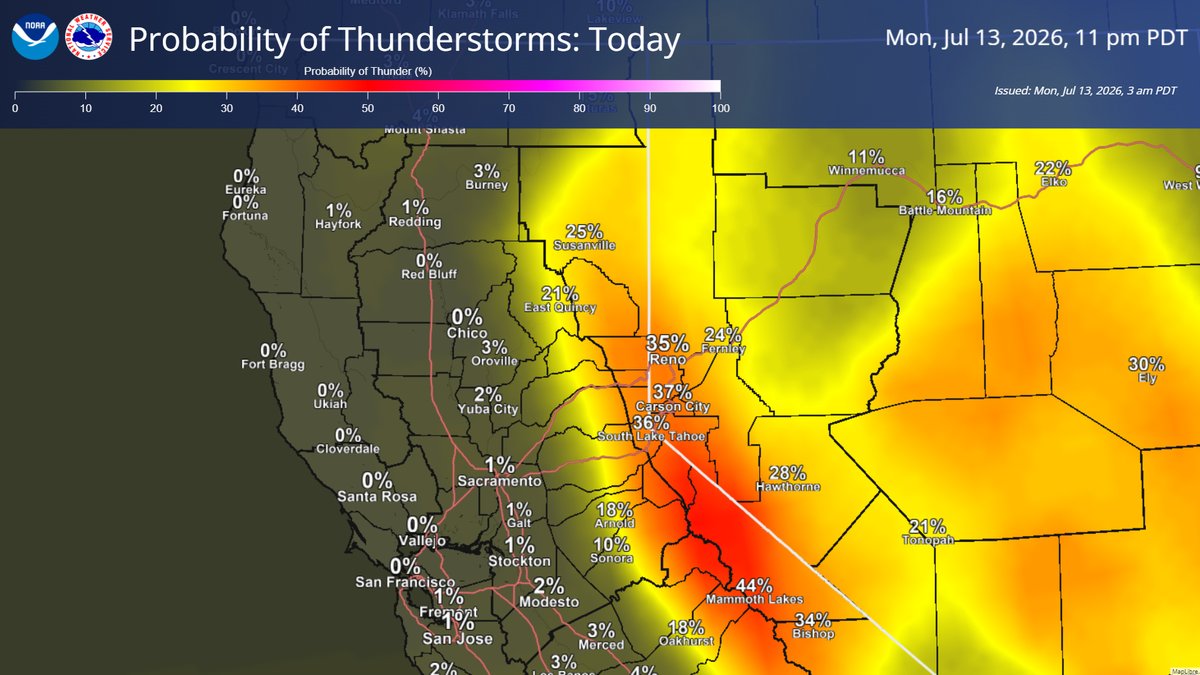 NWSSacramento's tweet photo. Scattered light showers and isolated mountain thunderstorms are expected today, with drier conditions in the Valley compared to yesterday. Thunderstorm chances return tomorrow with and the potential for overnight Valley showers (tonight-Tues AM). #Cawx https://t.co/2sDhGyyvfe