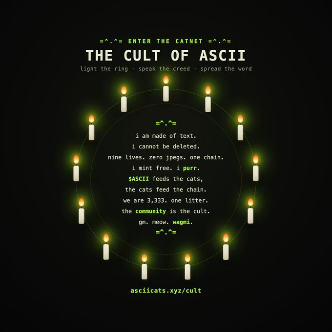 CardHODL's tweet photo. success = community  

Help @ASCIIcats_  summon more believers and spread the message.

follow your fellow cats. more of us, louder we purr  

light a candle, join the cult: https://t.co/hsw0EhfyYd new cult. new order. new success. tomorrow. =^.^= https://t.co/ewFlDEo7x2