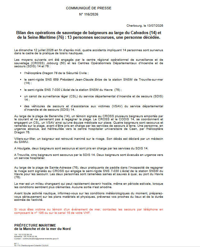 Image de Préfecture maritime Manche et mer du Nord - #Opérations de sauvetage de baigneurs au large du Calvados et de la Seine-Maritime.
Coordonnées par 