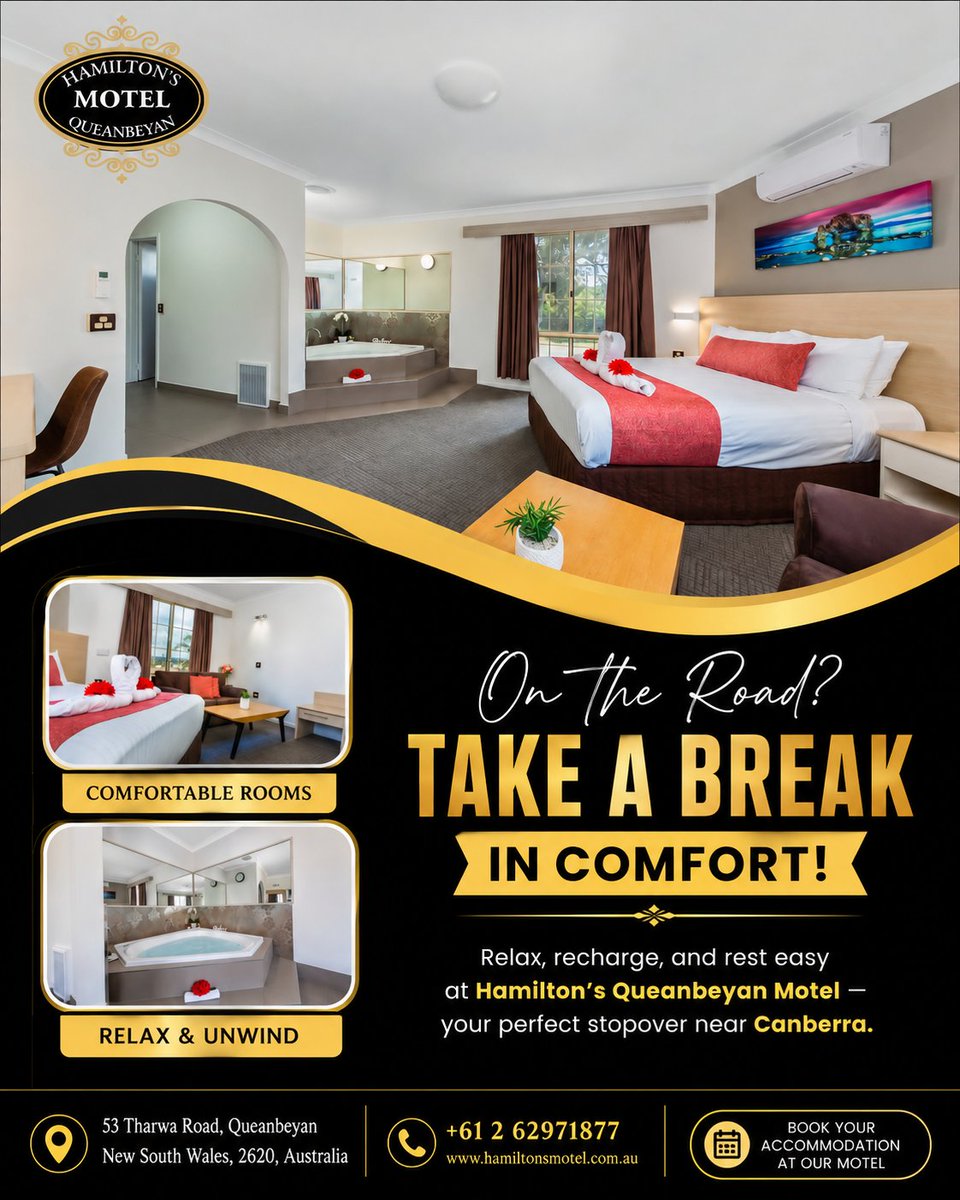 hamiltonsmotel's tweet photo. Every great road trip deserves a great stop.
Relax, refresh, and recharge at Hamilton’s Queanbeyan Motel, where comfortable rooms, modern amenities &amp; warm hospitality make every stay feel like home.

Book now at +61 2 6297 1877!
Visit our website https://t.co/s5ETgHtAXS

#motel https://t.co/xgCkRBTA8g