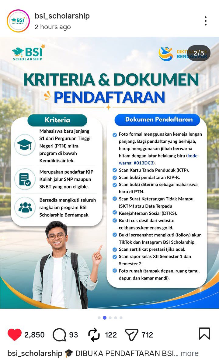 chill0ra's tweet photo. info terbaru beasiswa BSI SCHOLARSHIP TEMAN-TEMAN! 👀 https://t.co/XzidPSFoiO