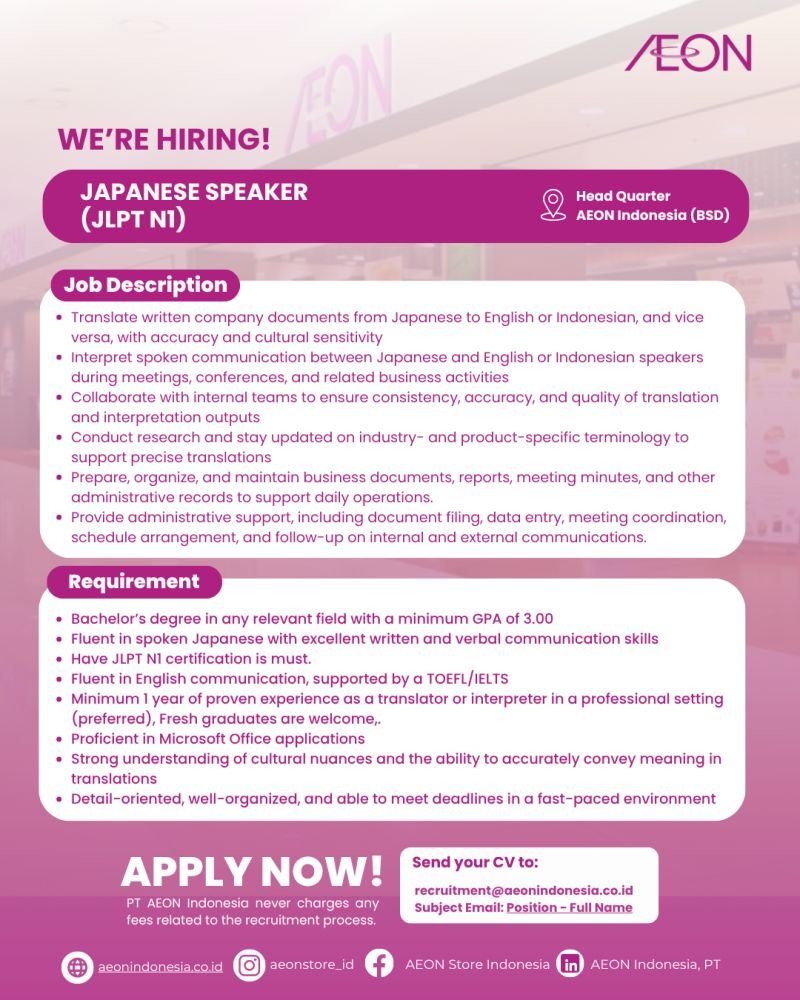 lokerbos's tweet photo. We're Hiring at AEON INDONESIA, PT

We're looking for talented individuals to join our team for the following positions:

- Legal Senior Officer
- Japanese Speaker
- Merchandiser Menswear Senior Officer
- General Affair Group Leader (Shift-Based)

Interested in joining us?

📧 Send your updated CV to recruitment@aeonindonesia.co.id
or
📝 Apply through: https://t.co/sa0xQqmIx6

Sumber : Linkedin

Bantu share guys! 
#lowongankerja #loker #kerja #infoloker #karir