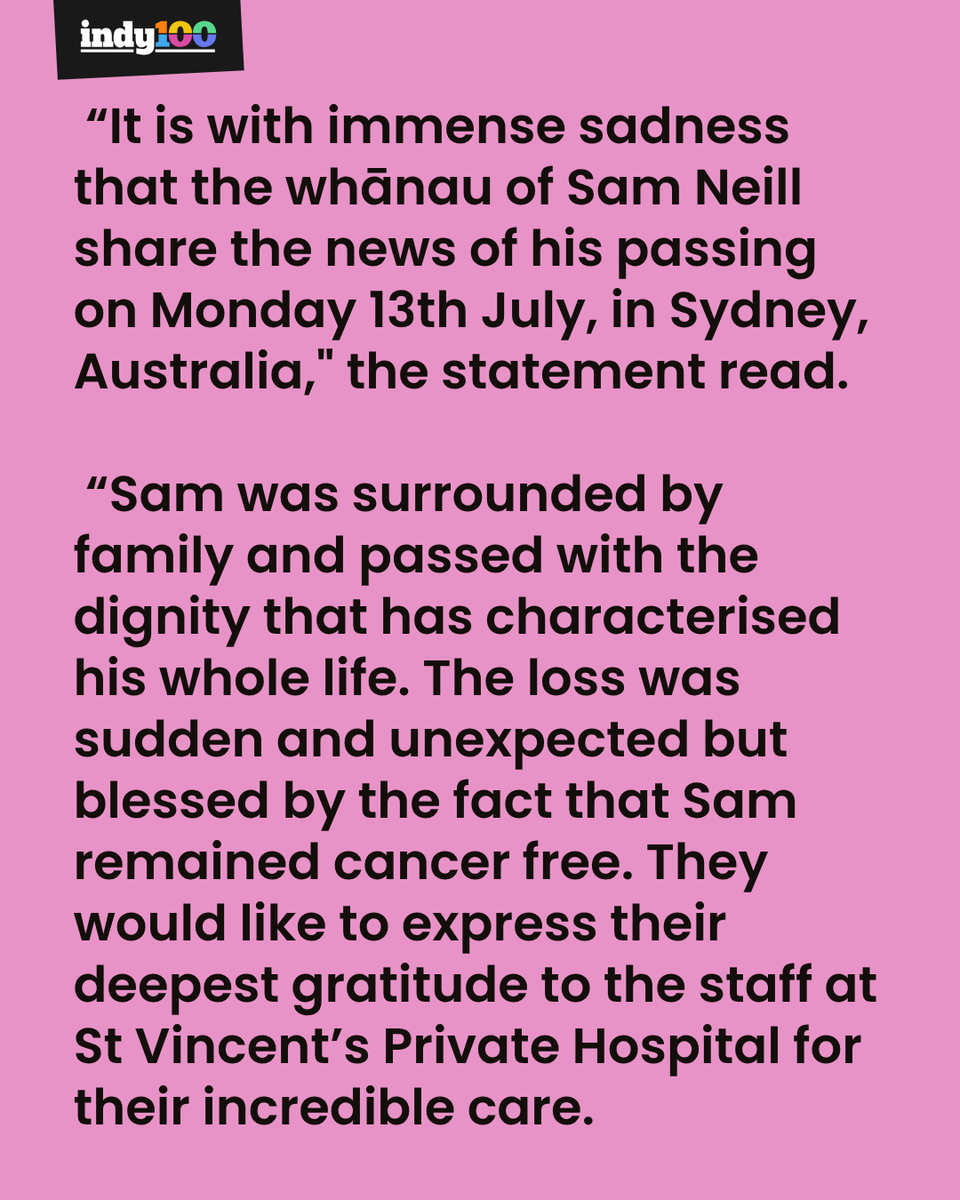 indy100's tweet photo. Tributes pour in as Jurassic Park actor Sam Neill dies aged 78

The entertainment world has been sharing their condolences for Neill whose acting career spanned 53 years. https://t.co/AY7vJuohUi