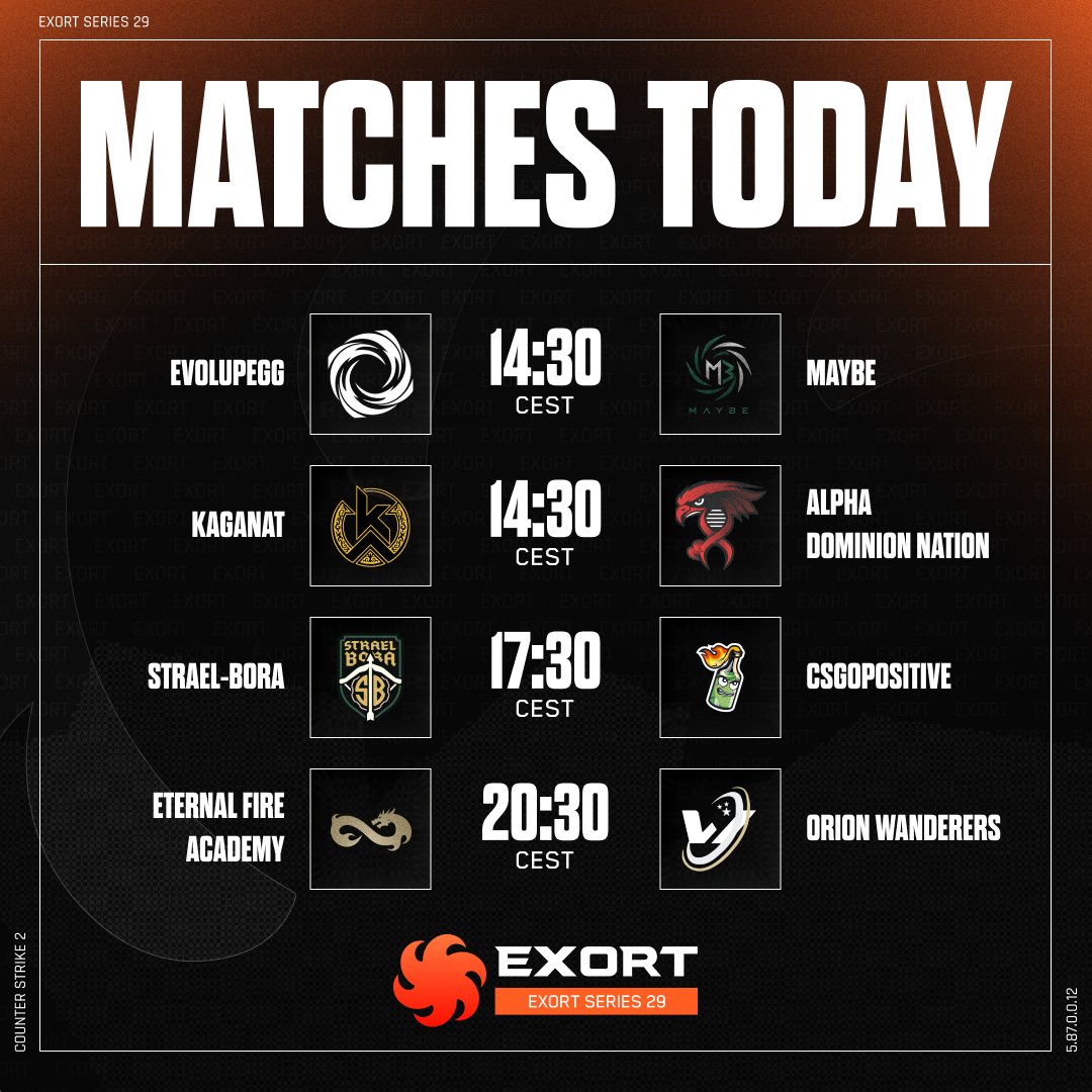 esports_exort's tweet photo. Exort Series 29 — MATCHDAY 🚨
CS2 is LIVE at 14:30 CEST on 🎥 https://t.co/APmM78w9CX
1️⃣ EvolupeGG vs MAYBE
2️⃣ Kaganat vs Alpha Dominion Nation
3️⃣ Strael-Bora vs CSGOPOSITIVE
4️⃣ Eternal Fire Academy vs Orion Wanderers
#CS2 #ExortSeries https://t.co/lp1SLqKrfL