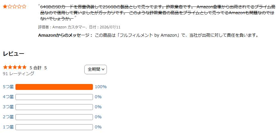 isakuP's tweet photo. この前の容量詐欺SDの販売業者に対して☆1レビューしたらAmazonに消された。Amazon倉庫発送だからAmazonが全責任を負うのはその通りだが、結果として不自然に100%☆5しか残らない。こんな事では詐欺は無くならない。Amazonの闇を見た https://t.co/7pFC9ayQPM