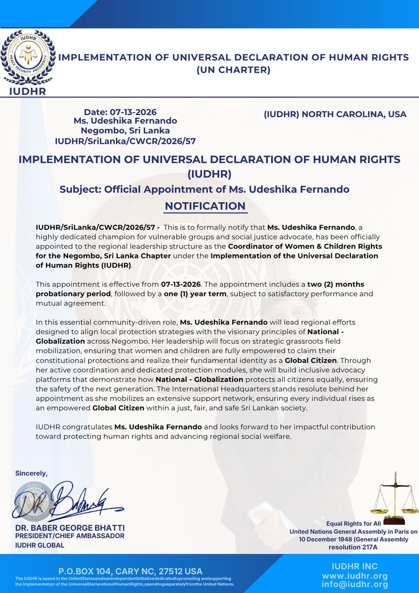 IudhrUn's tweet photo. 📢 Official: IUDHR appoints Ms. Udeshika Fernando as Coordinator of Women &amp; Children Rights for Negombo, Sri Lanka! 🇱🇰 Her leadership drives National - Globalization to protect the vulnerable and uplift everyone as empowered Global Citizens.

#IUDHR #HumanRights #SriLanka https://t.co/DKZdASmrpA