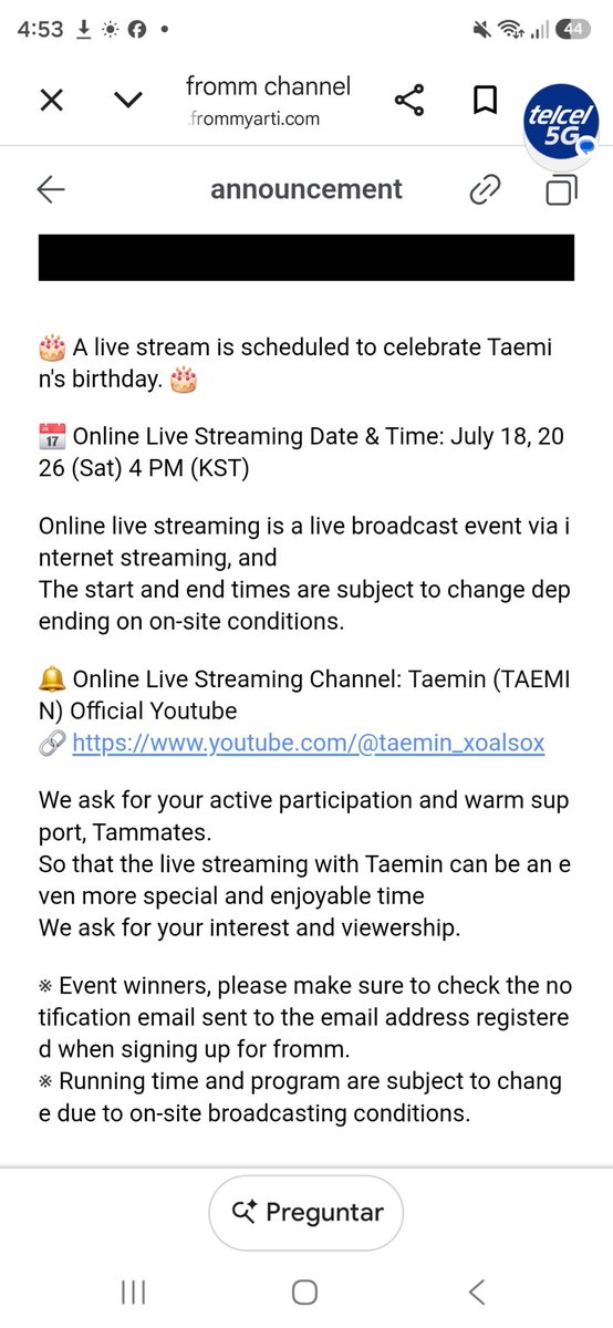 TAEMatesMX's tweet photo. Fiesta de Cumpleaños de #TAEMIN 🎂🎉

✨️Transmisión en vivo en línea ✨️
18.07.2026 (Sábado) 16:00 KST
https://t.co/zhJlGe5uZh

📍Horarios LATAM (Sábado)
     Mexico 1 AM
     Colombia, Perú 2 AM
     Chile 3 AM
     Brasil, Argentina 4 AM

@Taemin_Xoalsox_ 
#TAEMATES https://t.co/JwIBsOcg5q