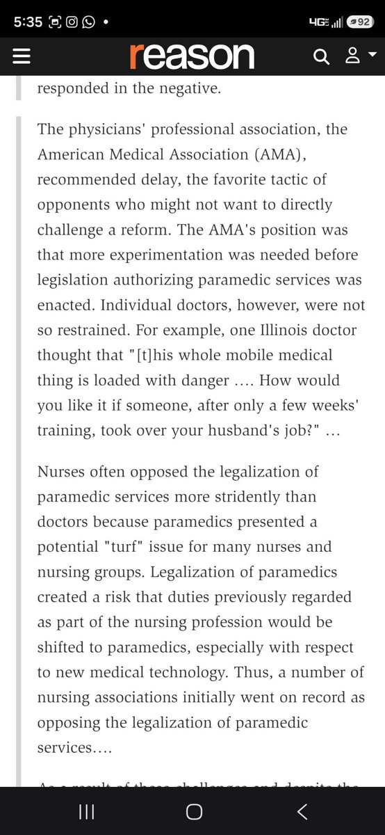 senatorshoshana's tweet photo. I NEVER KNEW THIS. Doctors and nuses lobbied against PARAMEDICS being able to save lives

"laws in all states made it a crime for non-physicians to practice medicine without a license. These laws rendered paramedic services unfeasible due to the fact that many of the medical functions that paramedics could have performed constituted the practice of medicine. Paramedics could be criminally prosecuted under these laws even if they had undergone training and could demonstrate expertise in carrying out their paramedic tasks."