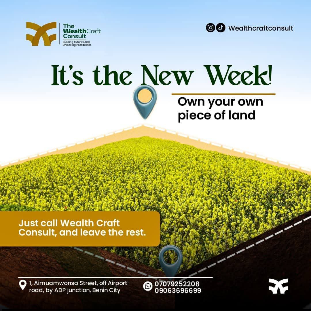 Dwealthcraftcon's tweet photo. Welcome to another great week.
Keep buying assets that compounds with time
For inquiries and inspection call/WhatsApp ☎️ +2347079252208

Visit Us Today
1, Aimuamwonsa Street off Airport Road by ADP junction, Benin City 

Follow us here for more property updates👇

@wealthcraftcon https://t.co/STzlMD82ZS