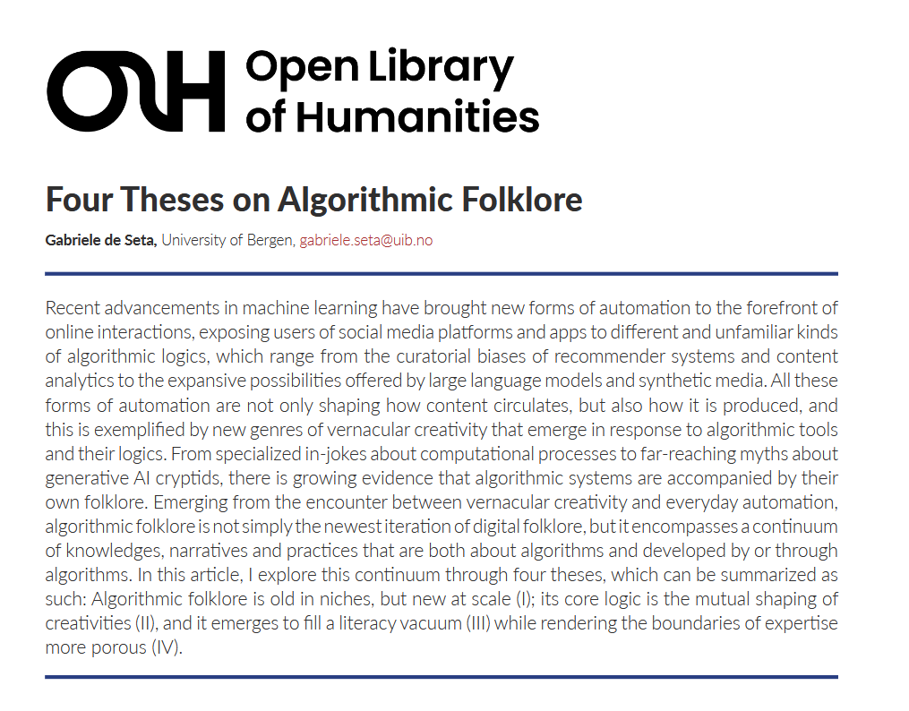 SanNuvola's tweet photo. "Four Theses on #AlgorithmicFolklore" just out, which concludes the theory-building efforts planned for the first half of the ALGOFOLK project https://t.co/WJLBHrFRsQ