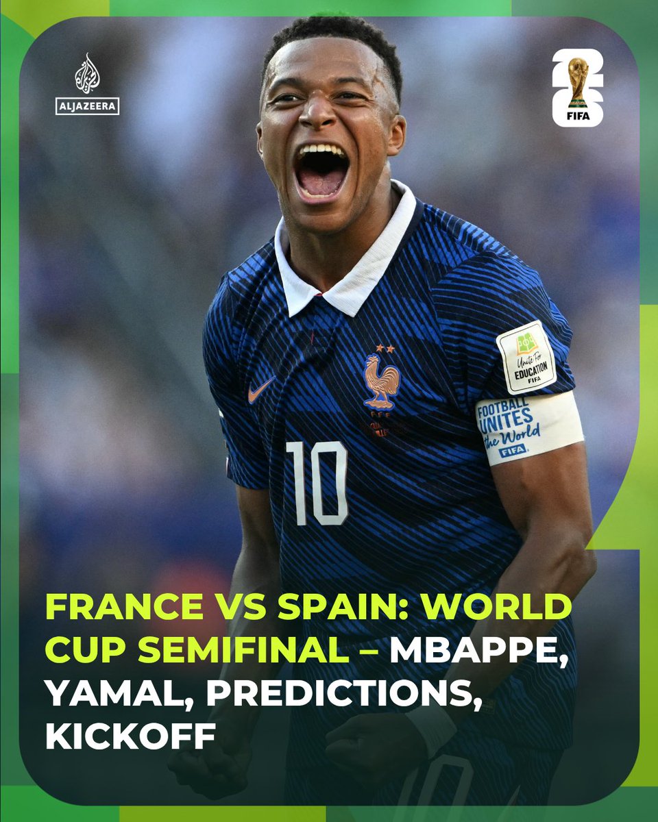 AJE_Sport's tweet photo. Kylian Mbappe’s France 🇫🇷 continue their quest for the world title, facing Lamine Yamal’s Spain 🇪🇸 in a blockbuster semifinal.

🔗: https://t.co/jEcImcWz5s https://t.co/05n6p3iXLJ