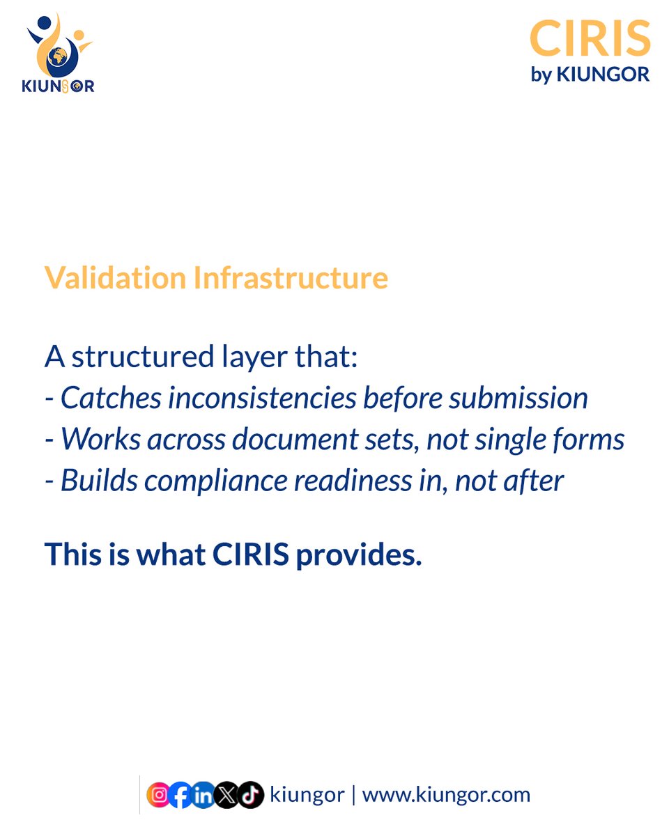 kiungorOrg's tweet photo. The shift to automated validation is happening. Are you ready?
Manual review doesn't scale and compliance complexity is only increasing.
CIRIS is built to help organizations validate before submission.
https://t.co/a28RjK0t2j
#CIRIS #Validation #Compliance #RegTech #Automation https://t.co/HmLGLKUxfA