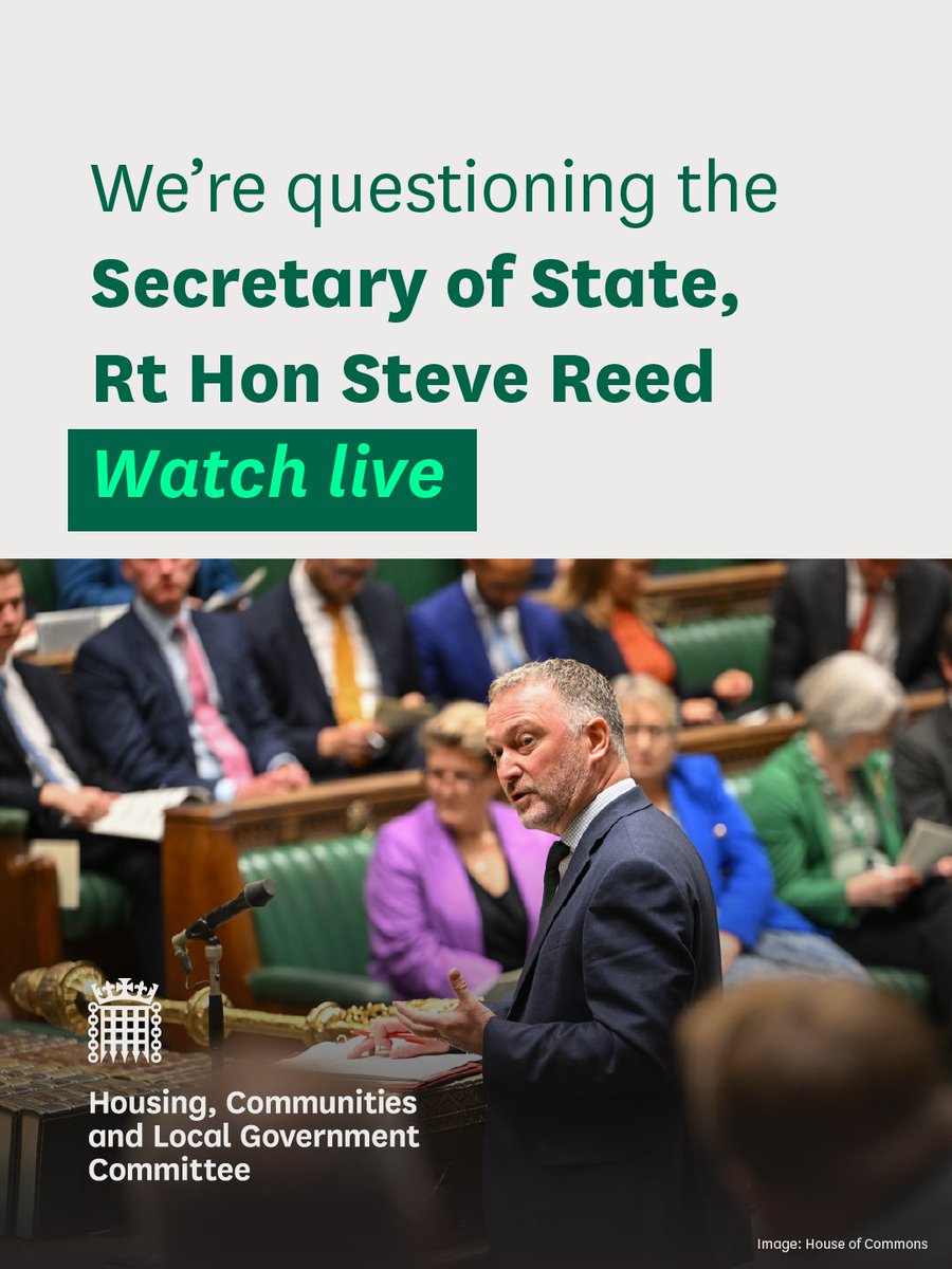 HoCcommitteesUK's tweet photo. Tomorrow, Tuesday 14 July at 12pm, the Housing, Communities and Local Government Committee questions Rt Hon @SteveReedMP, Secretary of State @mhclg, and Will Garton, Director General for Local Government, Growth and Communities, on the work of the department. https://t.co/8jjW02ykbO