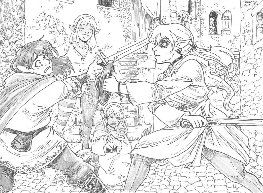 shabazik's tweet photo. “Play stupid games, win stupid prices”

Some upstart young elves from a gang decided it would be fun challenging random people to duels.

#drawing #fantasy #elf https://t.co/nSSYJGVLZq