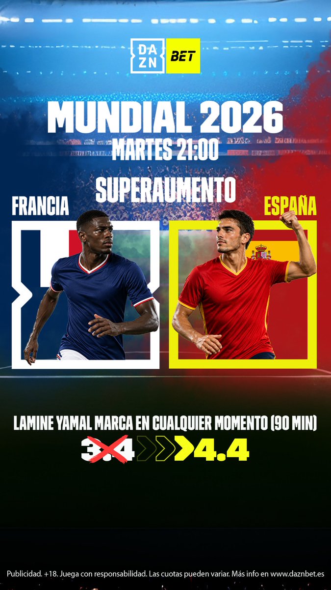 DAZNBetES's tweet photo. ¿Confías en que Lamine Yamal la vuelve a liar contra Francia? ✨

En DAZN Bet para el Mundial 2026:
 - Cuota 4.4 si Lamine marca en los 90' (antes 3.4).
 - Pack: Hasta 200€ + 10€ en bonos de juego.
 - ¡1 MES GRATIS de DAZN Premium!

Regístrate antes del martes a las 21:00h