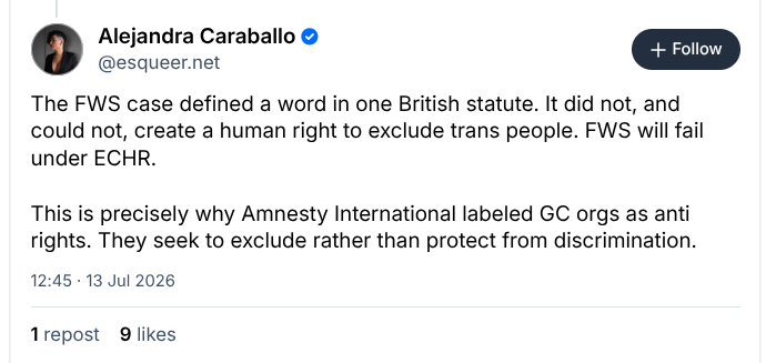 ForWomenScot's tweet photo. The Supreme Court were unpersuaded by the "human rights" arguments advanced by @AmnestyUK 

No one is excluded.

There is no question of FWS going to the ECtHR, but, if it did, they would be obligated to consider the human rights of women and LGB people, just as the SC did. https://t.co/YlaefBAVGq