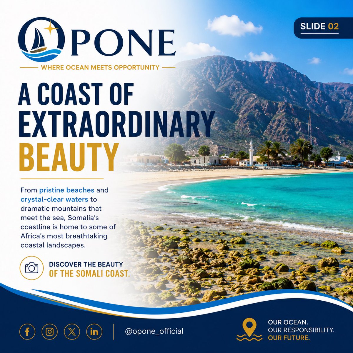 opone_official's tweet photo. 🌊 BLUE SOMALIA | Episode 03: A Coast of Opportunity

With Africa’s longest mainland coastline, Somalia holds immense potential in fisheries, tourism, maritime trade, and conservation.

🌊 The ocean is our heritage. The Blue Economy is our future.

#BlueSomalia #OPONE #Ocean https://t.co/ZedTHzWhVn