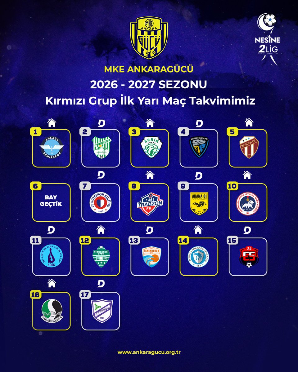 Ankaragucu's tweet photo. 2026-2027 Sezonu Nesine 2. Lig Kırmızı Grup İlk Yarı Maç Takvimimiz #MKEAnkaragücü  💛💙 https://t.co/eA7yLxCixp