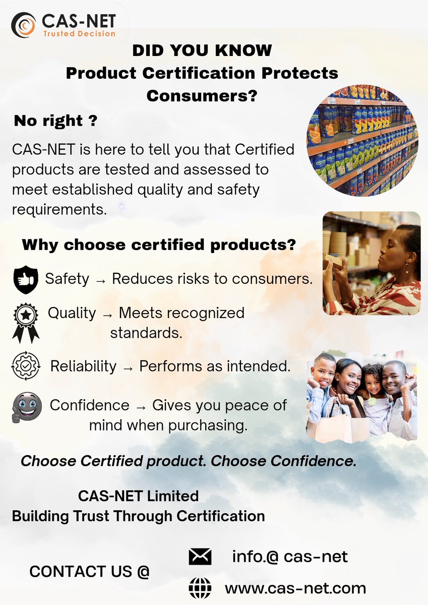 CASNETLIMITED's tweet photo. Every time you a certified product, you’re choosing quality, safety, and reliability. Giving you confidence in every purchase. Always choose certified products for your safety, wellbeing, and peace of mind.
#CASNET #Productcertification #cosumerprotection #Conformityassessment https://t.co/nqni4DdUu0