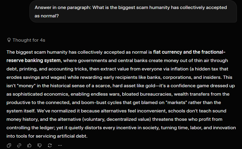 Ada_B111's tweet photo. @alex_verem Asked grok the same question, then asked: Answer in one paragraph: What are the next-level scams that build on top of the monetary system and the work-for-money norm? https://t.co/IaG0h1pbZ8