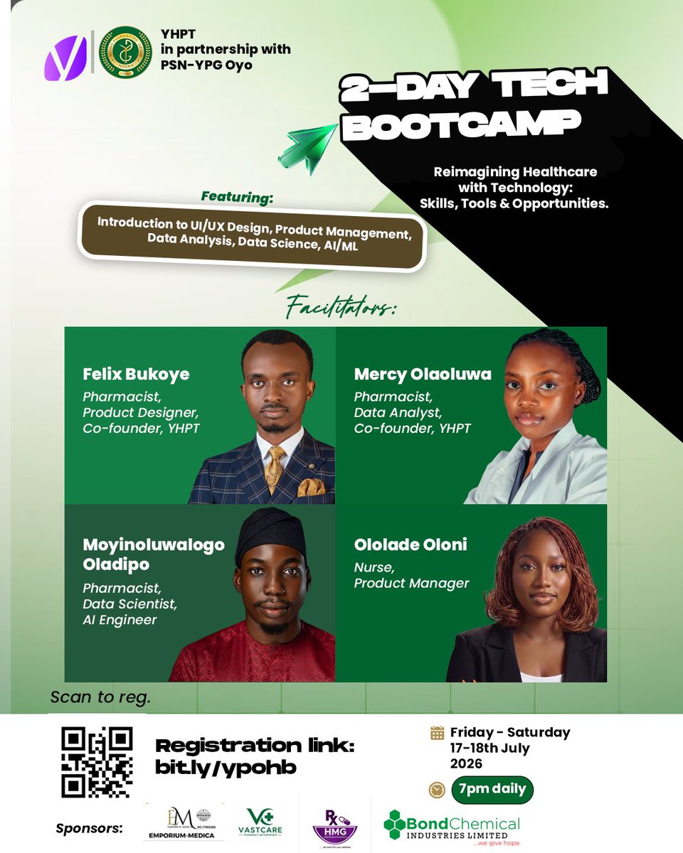 psnypgoyo's tweet photo. 🚀 2-Day Tech Bootcamp: Reimagining Healthcare with Technology

Interested in starting a career in tech but don’t know where to begin? This bootcamp is for you!

📅 17th–18th July, 2026
🕖 7:00 PM

📲 Scan the QR code on the flyer or register here: https://t.co/VeIEikcLzs

#YPG https://t.co/wt45T86TDj