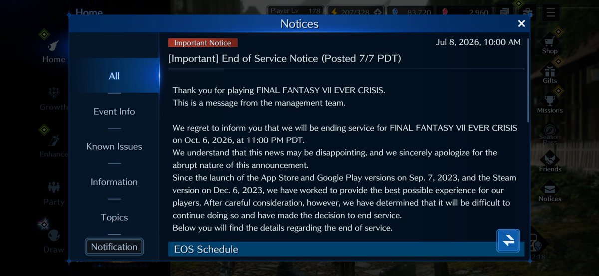 seraph_siden's tweet photo. Weekly #FF7EC update: the dreaded announcement is finally here - End of Service was announced and we only have 3 months left to play…🥲

I personally really enjoy the last 3 years, and will continue to enjoy them until the end of service 😌

Anyway, Before Crisis is also here. https://t.co/e0wCN5QMGo