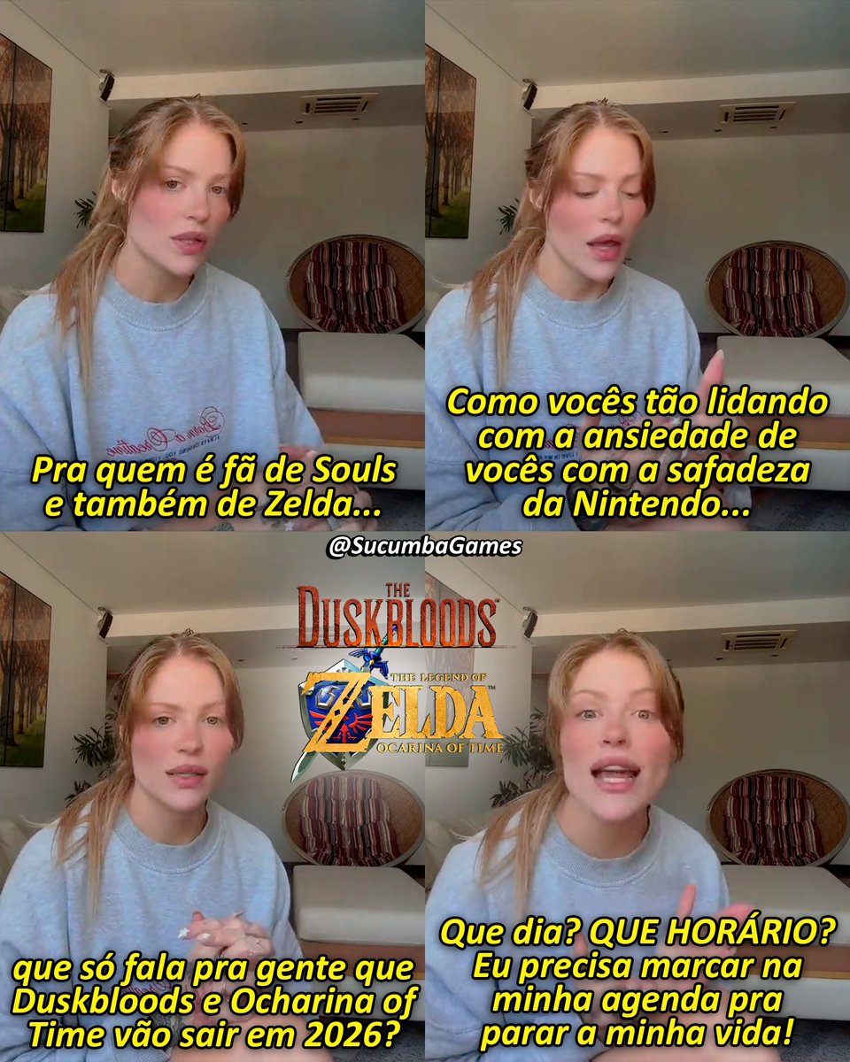 SucumbaGames's tweet photo. A Cantora Luísa Sonza desabafando que a Nintendo sacaneou ao não revelar as datas de lançamento de Duskblood e Ocarina of Time, deixando os fãs de Zelda e Souls bem ansiosos.

Apesar dela focar na Nintendo a prática de anunciar jogos sem data é bem comum na indústria também entre PlayStation, Xbox e todas as outras grandes empresas