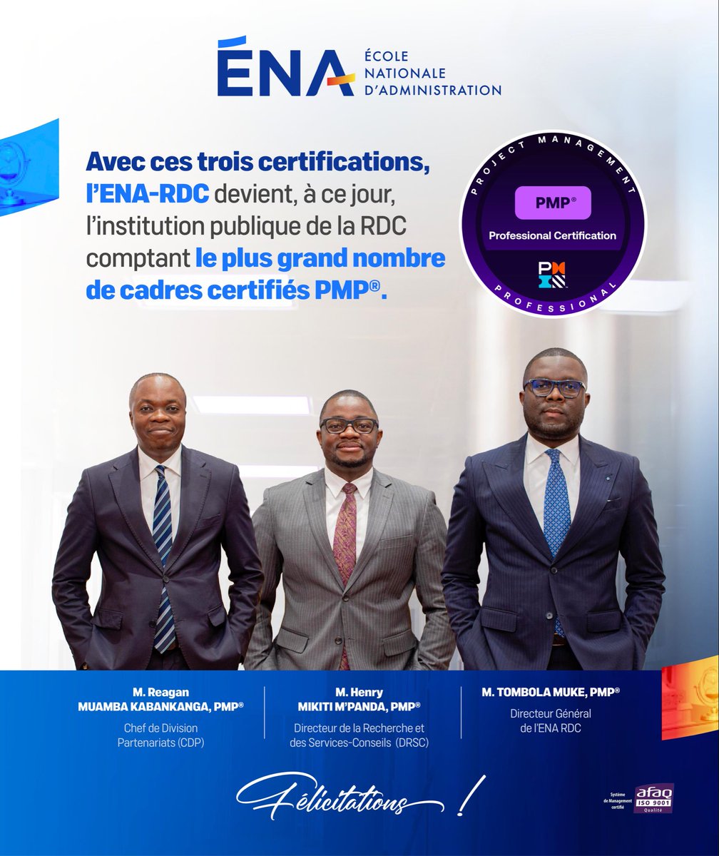 EnaRDC_Officiel's tweet photo. L’@EnaRDC_Officiel est heureuse d’annoncer que trois de ses cadres, dont son Directeur général, sont désormais titulaires de la certification PMP® (Project Management Professional), la certification internationale de référence en management de projets, délivrée par le Project Management Institute (PMI).

Cette distinction atteste de compétences reconnues à l’échelle mondiale en matière de conduite de projets, de leadership, de gouvernance et de création de valeur.

Avec ces trois certifications, l’ENA-RDC devient, à ce jour, l’institution publique de la RDC comptant le plus grand nombre de cadres certifiés PMP®.

Nous adressons nos chaleureuses félicitations à Henry MIKITI (Directeur de la Recherche et des services-conseils), Reagan MUAMBA (Resp. Partenariats) et au Directeur général, pour cette remarquable réussite qui renforce davantage la capacité de l’ENA à accompagner la transformation et la modernisation des services publics en RDC.
