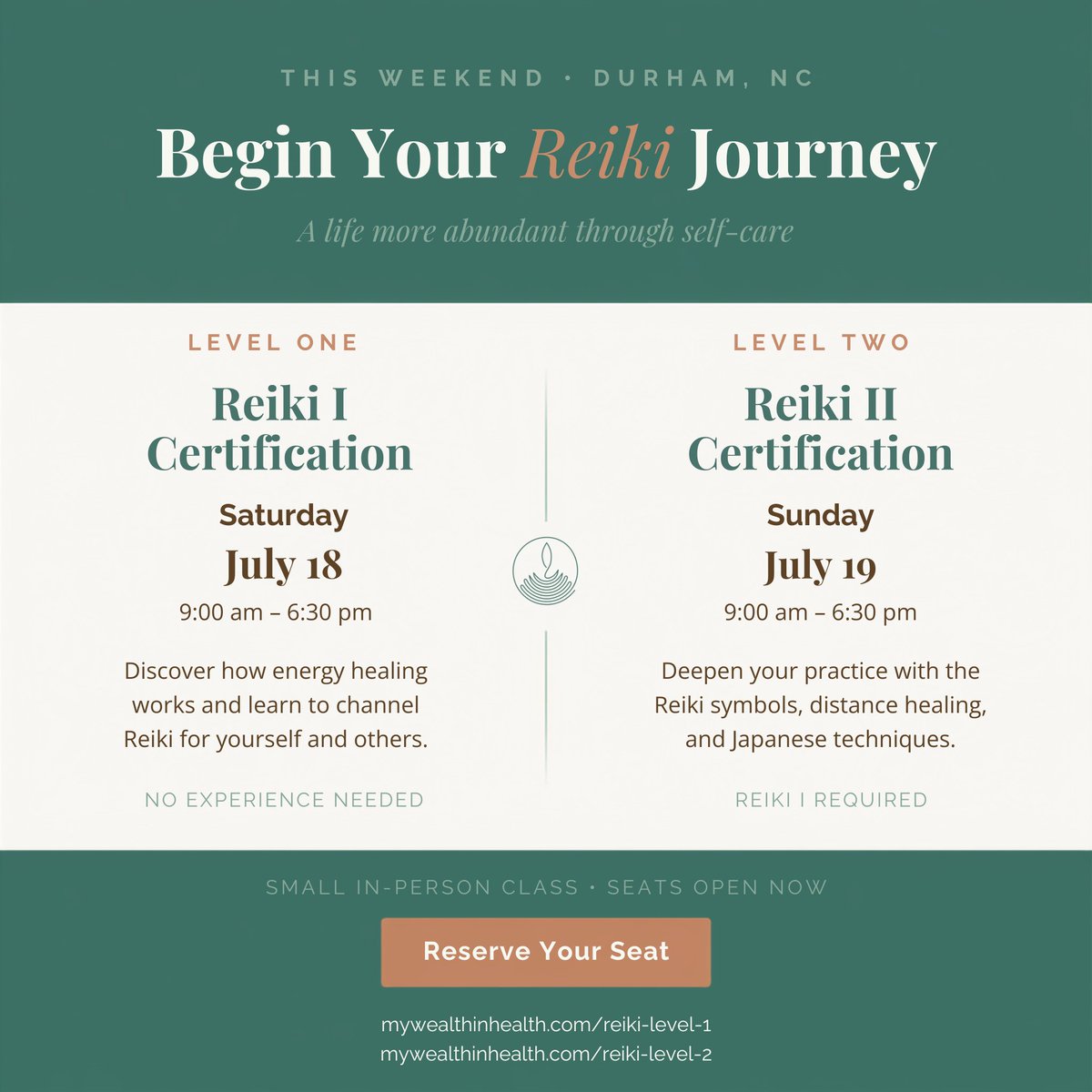 selfcarewealth's tweet photo. Your #Reiki journey starts this weekend in #DurhamNC 🌿
✨ Reiki I: Sat, July 18
✨ Reiki II: Sun, July 19
9am–6:30pm, in person

Learn to channel healing for yourself &amp; others. Sign up now.

Reiki I → https://t.co/W9fGk0CdW6
Reiki II → https://t.co/pzsenBs86O
 
#EnergyHealing https://t.co/Q1Ccnvupef