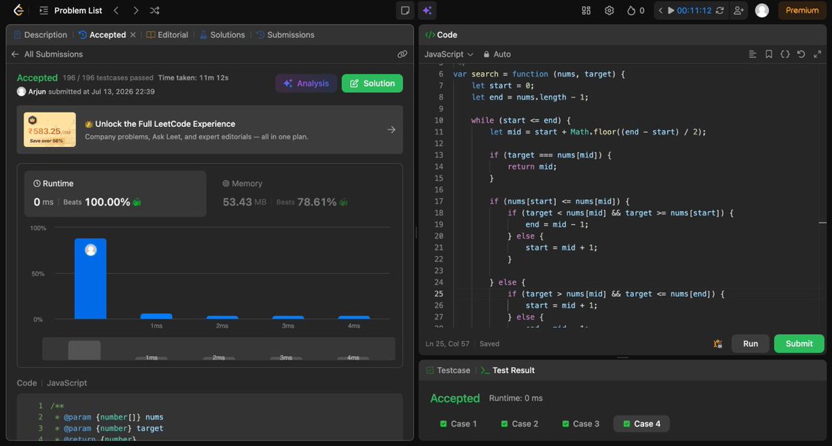 ArjunReactpanda's tweet photo. π Day 16/365 β DSA
β
Solved LC 33 β Search in Rotated Sorted Array
π‘ Today's learning:
Mastered Modified Binary Search by identifying the sorted half
Pattern: Modified Binary Search
β±οΈ Time: O(log n) | π¦ Space: O(1)
#365DaysOfCode #LeetCode #DSA #NamasteDev https://t.co/CcRf24h3wj