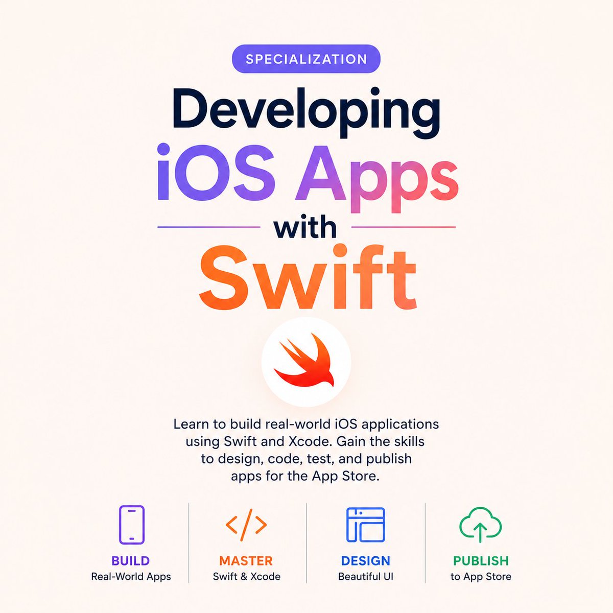 CognitiveClass's tweet photo. Great apps start with strong development skills and the right foundation.

Mobile applications continue to shape how people connect, work, and interact with technology. Learning how to design and build iOS apps is a valuable skill for anyone interested in software development, mobile technology, or creating their own applications.

This Coursera Specialization helps you develop practical iOS development skills using Swift and Xcode while exploring the process behind creating high quality mobile applications.

Throughout this course, you’ll learn how to:
📱 Build iOS applications using Swift programming
💻 Work with Xcode and Apple development tools
🎨 Design user friendly app interfaces
⚙️ Test, improve, and prepare applications for users

You’ll gain hands on experience creating projects while learning the concepts needed to bring app ideas to life.

Upon completion, you’ll earn a shareable certificate that can be added to your LinkedIn profile, resume, or portfolio to showcase your iOS development skills.

Whether you're starting your mobile development journey or looking to strengthen your programming skills, this course provides a foundation for building apps with Swift.

Explore the course here: https://t.co/jIUGAVUlDi

#iOSDevelopment #SwiftProgramming #MobileDevelopment #AppDevelopment #Programming #SoftwareDevelopment #IBMSkillsNetwork