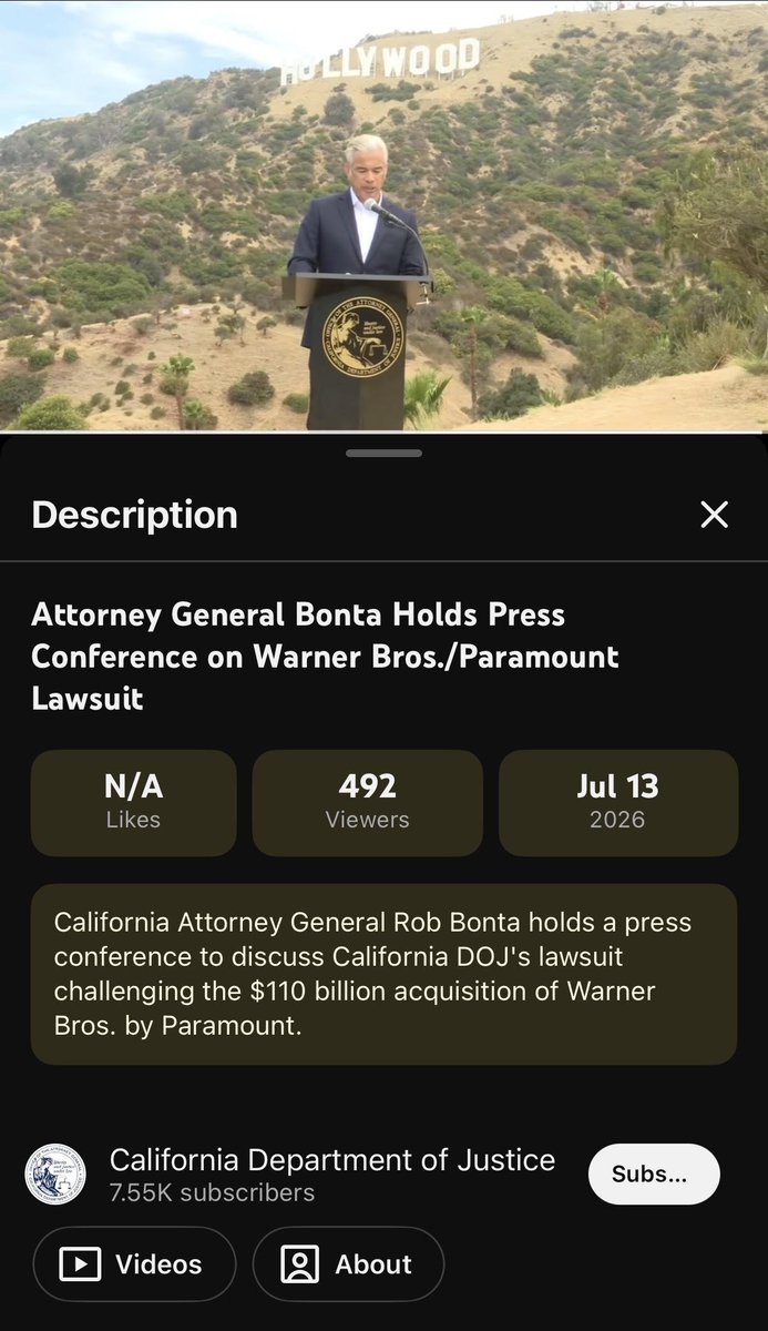 Jeffdanherrera's tweet photo. Incredible visual from @AGRobBonta's press conference announcing the State AG lawsuit against the Paramount/Warner Bros. acquisition.  Congrats to my former state colleagues, especially @NewMexicoDOJ, for fighting to protect a competitive and vibrant film industry. https://t.co/VcsU8DHO3c