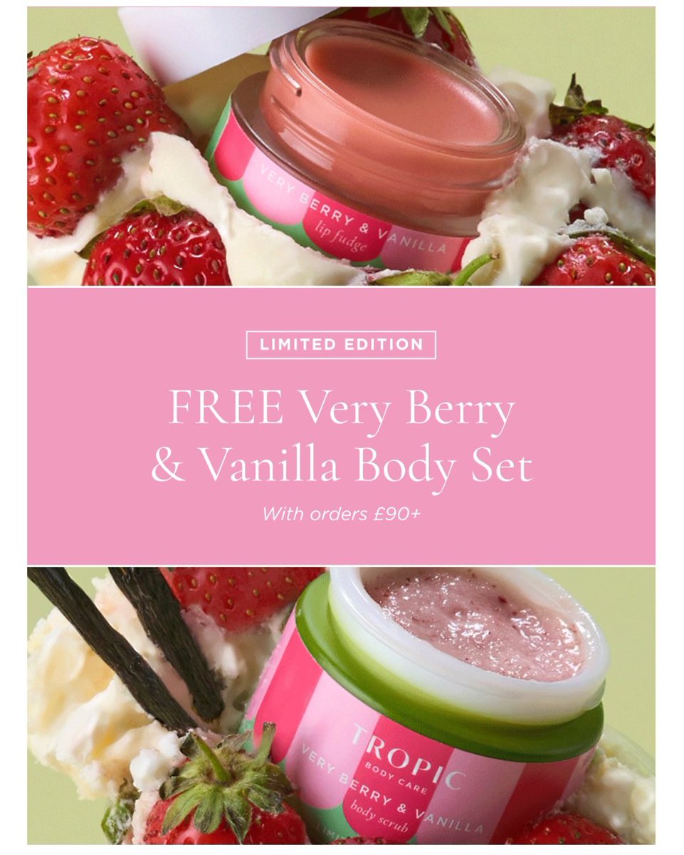 FullTimeMama1's tweet photo. FREE
Very Berry & Vanilla
Body Set
A tropical take on a British classic. Whipped with juicy Australian superberries and Madagascan vanilla, this three-step body care collection serves velvety soft skin all summer long.
https://t.co/7SYGTpQQIs https://t.co/7kc7eSF0zj