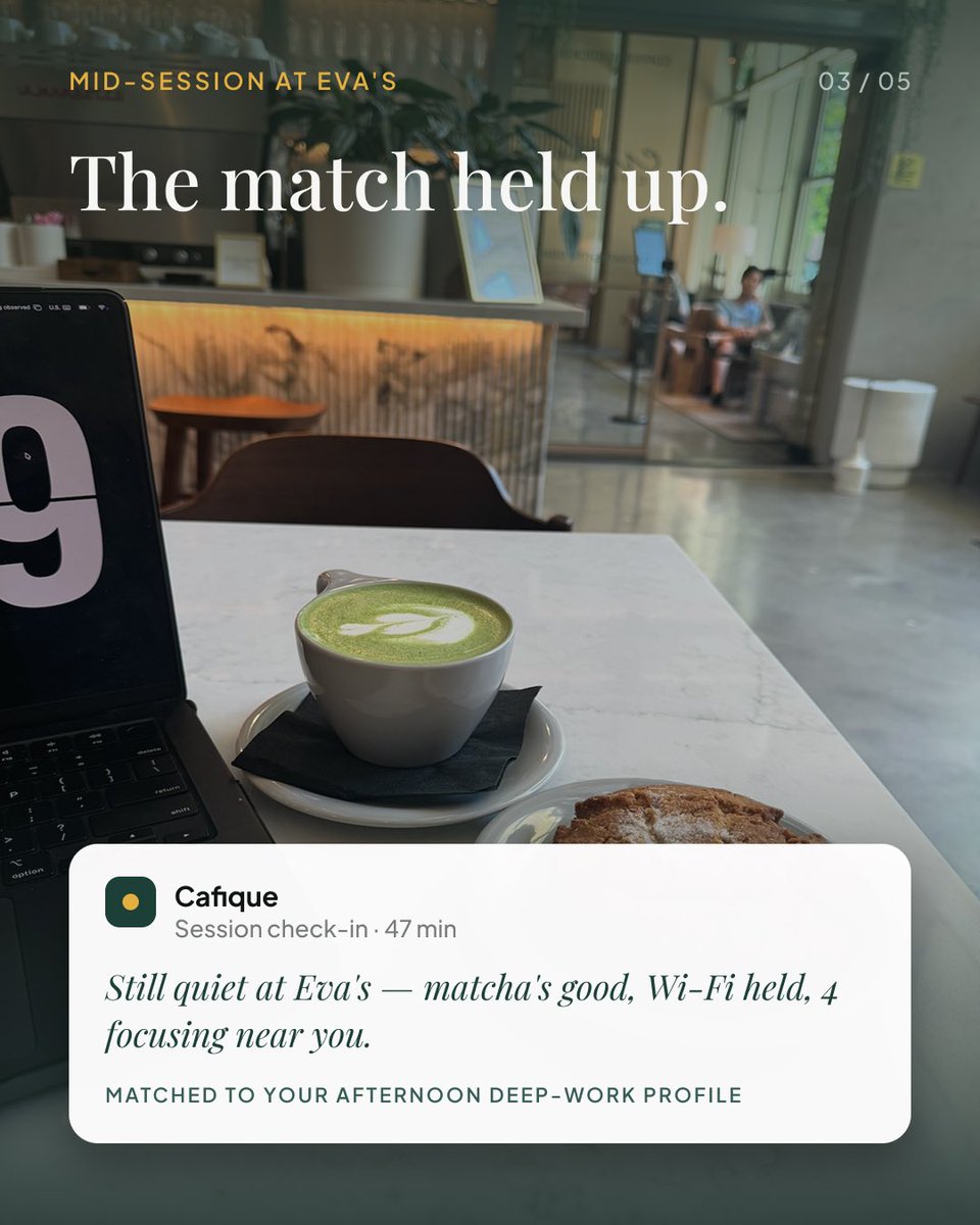 Cafique_26's tweet photo. Star ratings tell you if a café is good.
Cafique tells you if you’ll actually focus there. ☕️

Eva’s scored an 84—and the match held up.

Would you use this?

#BuildInPublic #ProductivityApp https://t.co/CvnhYpUOTO