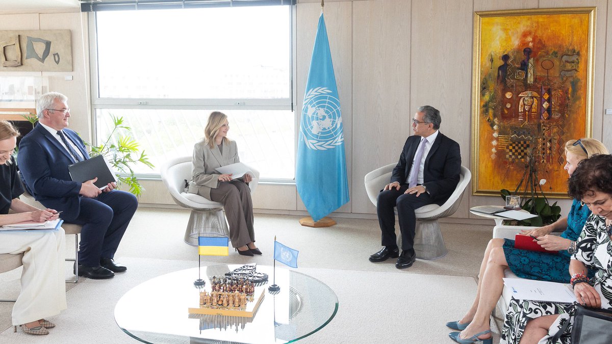 ZelenskaUA's tweet photo. In Paris, I was pleased to meet UNESCO Director-General Khaled El-Enany, @UNESCO_DG. I thanked him for UNESCO’s steadfast support for Ukraine – from opening its office in Kyiv in 2022 to documenting Russian crimes against our cultural heritage. This offers hope for justice for Ukrainians and punishment for the perpetrators.

It is especially symbolic to me that UNESCO Headquarters is currently hosting the Ukrainian installation “One Desk. Two Marks.” Without words, it shows how Russian aggression destroys schools and deprives children of their right to education. We seek not only to rebuild what has been destroyed, but also to do everything possible to ensure that the world sees the cost of this war and prevents it from ever happening again.