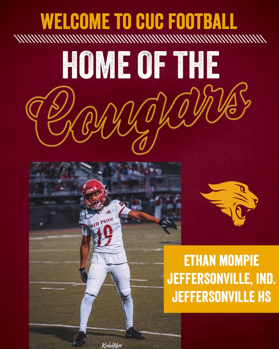 CUCFBFamily's tweet photo. Guess what time it is?!            

Time to welcome another new family member for the 2026 season 🙌           

Meet our wide receiver from Jeffersonville, Indiana.            

Welcome to the CUC Family, Ethan Mompie!! https://t.co/9hUdxI76mU