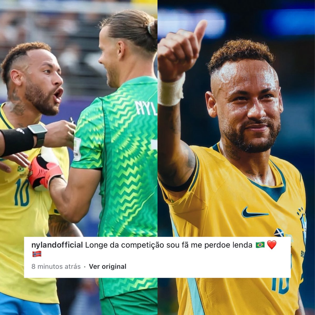choquei's tweet photo. 🚨VEJA: Goleiro da Noruega posta foto, pede desculpas após discutir com Neymar e afirma que é fã do brasileiro. https://t.co/HsbSJJS7Mm