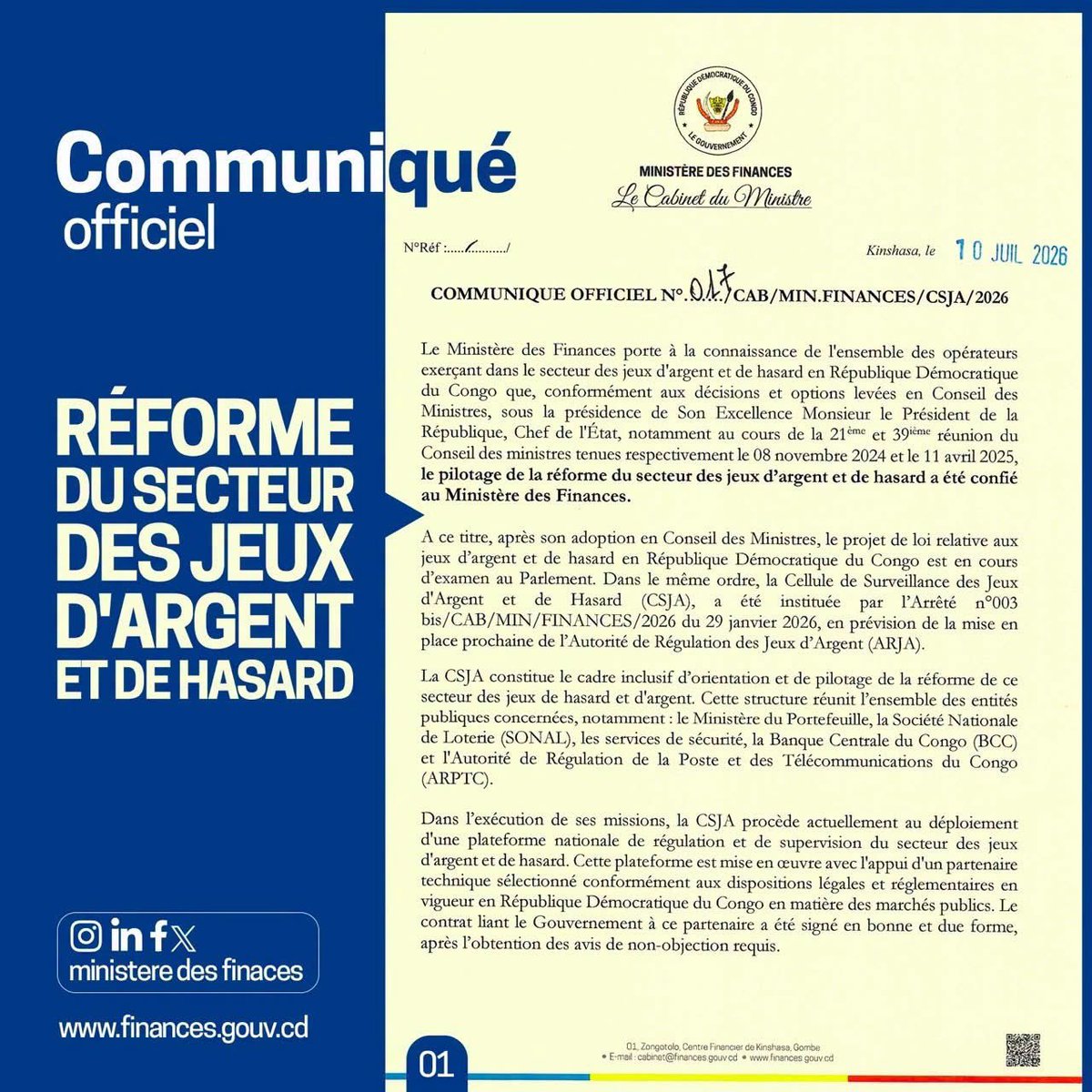 EddyMpongo3's tweet photo. RDC : le Gouvernement réaffirme que la réforme du secteur des jeux d’argent et de hasard est pilotée par le Ministère des Finances. Les opérateurs ont jusqu’au 31 juillet 2026 pour se mettre en règle, avant la fin de la phase pilote fixée au 30 août 2026. https://t.co/GxXTI7SJKf