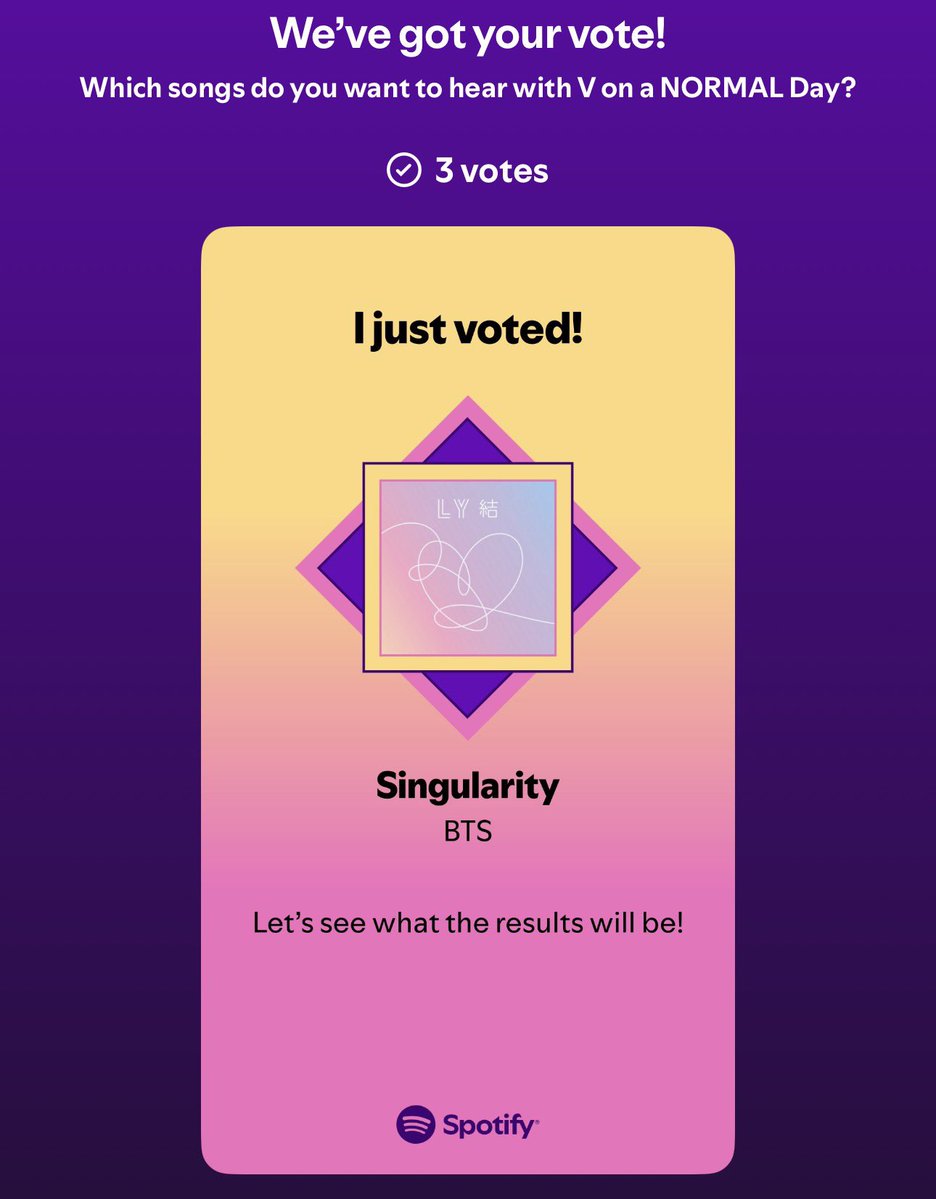 taeguide's tweet photo. [INFO] Spotify has now curated a Normal playlist for Taehyung. You can now vote for your favorite song on the playlist and it will be added to BTS’ Normal playlist 

Vote for Singularity and don’t forget to save the playlist! 

📎 https://t.co/QtxPxUnr52 https://t.co/ZCunOF9eBa