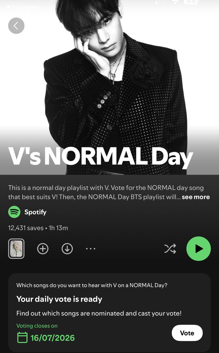 taeguide's tweet photo. [INFO] Spotify has now curated a Normal playlist for Taehyung. You can now vote for your favorite song on the playlist and it will be added to BTS’ Normal playlist 

Vote for Singularity and don’t forget to save the playlist! 

📎 https://t.co/QtxPxUnr52 https://t.co/ZCunOF9eBa