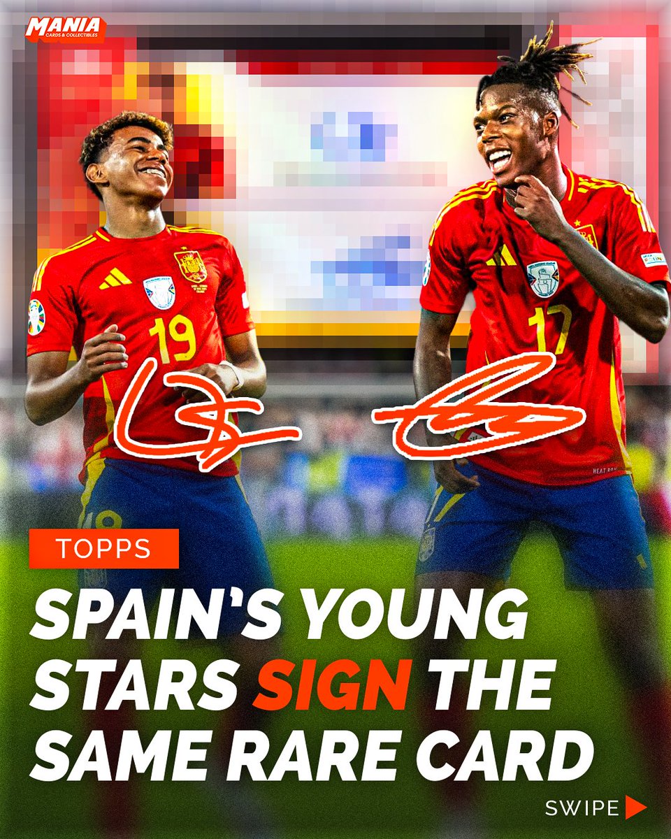 ManiaCollect's tweet photo. The duo every Spain fan wants in their collection 🇪🇸

This dual autograph of Lamine Yamal and Nico Williams from 2024 Topps Chrome UEFA Euro has just sold for $5,612. https://t.co/thNNge3K0y