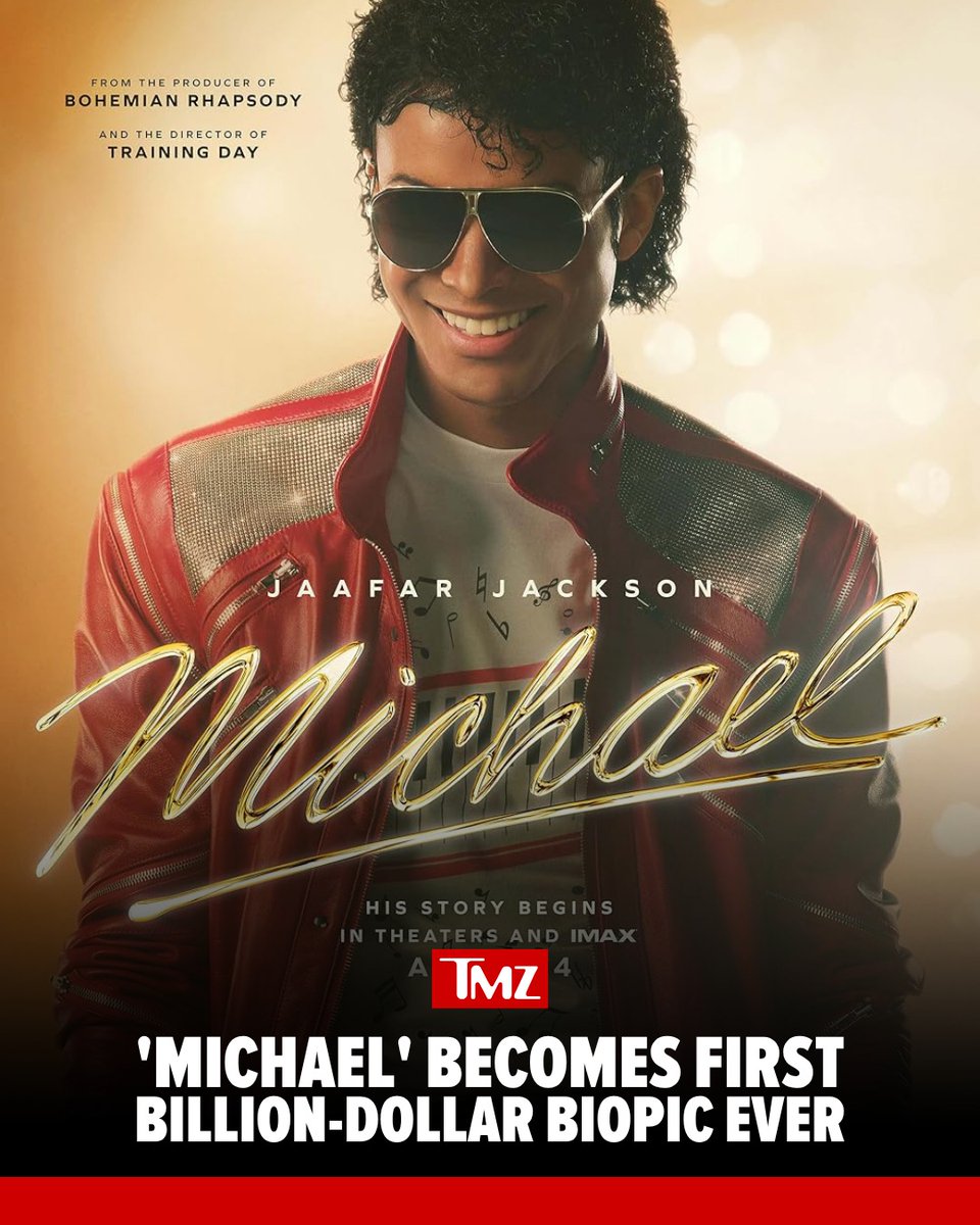 TMZ's tweet photo. The Michael Jackson biopic "Michael" has shattered a major box office milestone, becoming the first biopic in history to top $1B worldwide.

According to Lionsgate, the film reached $1.001 billion globally as of Sunday, with $371.8 million coming from North America and another $629.8 million from overseas markets. 🎬
