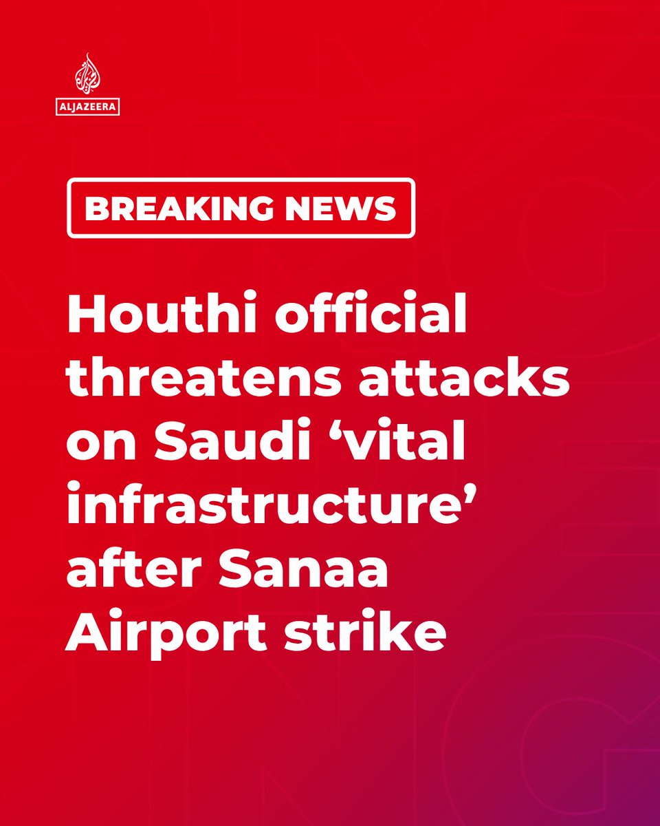 AJENews's tweet photo. BREAKING: Houthi political bureau member, Ali al-Bukhaiti, said the group will target the 'vital infrastructure' of Saudi Arabia in retaliation for the attack on Sanaa Airport in Yemen, local media reports.

🔴 More on https://t.co/5H0QqpfIYw https://t.co/dvePCoLpGO