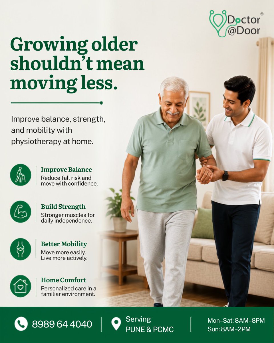 doctoratdoor12's tweet photo. Healthy ageing isn't about slowing down—it's about staying strong, balanced, and independent.
Expert physiotherapy at home helps seniors move with confidence.
#PhysiotherapyAtHome #HomePhysiotherapy #SeniorCare #DoctorAtDoor #PuneHealthcare https://t.co/v7JH2TM2WR