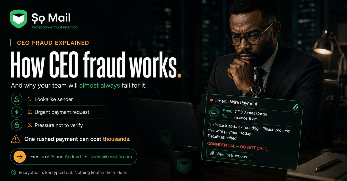 Soemailsecurity's tweet photo. You are a founder. Your team trusts emails that look like they came from you.

CEO fraud does not need your password. It needs your name, a lookalike domain, and one person on your team who does not call to verify.

Here is the full attack chain. https://t.co/1LonlZDAAJ