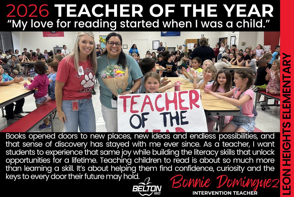 BeltonISD's tweet photo. Every story starts somewhere.🍎
Meet one of our 2026 Elementary Teachers of the Year. https://t.co/YLaVHE6gwD