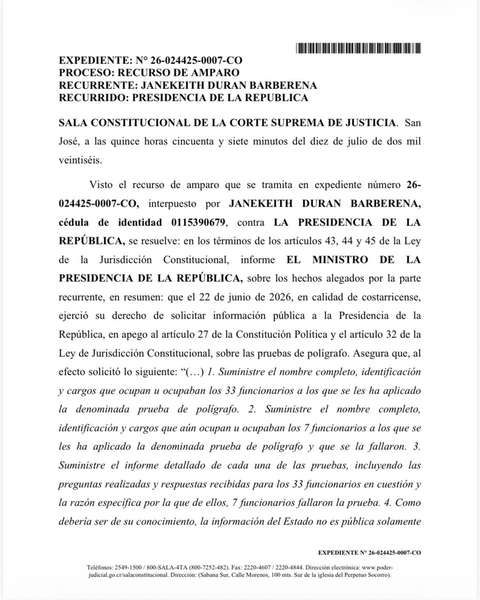 Janekeithduran's tweet photo. Sala Constitucional ADMITE A TRÁMITE amparo presentado en contra de la Presidencia de la República sobre información omisa e incompleta que me remitió en el tema de las pruebas de polígrafo a jefes policiales y ORDENA rendir debido informe en el plazo de tres días hábiles. https://t.co/eJJGvXEKI2