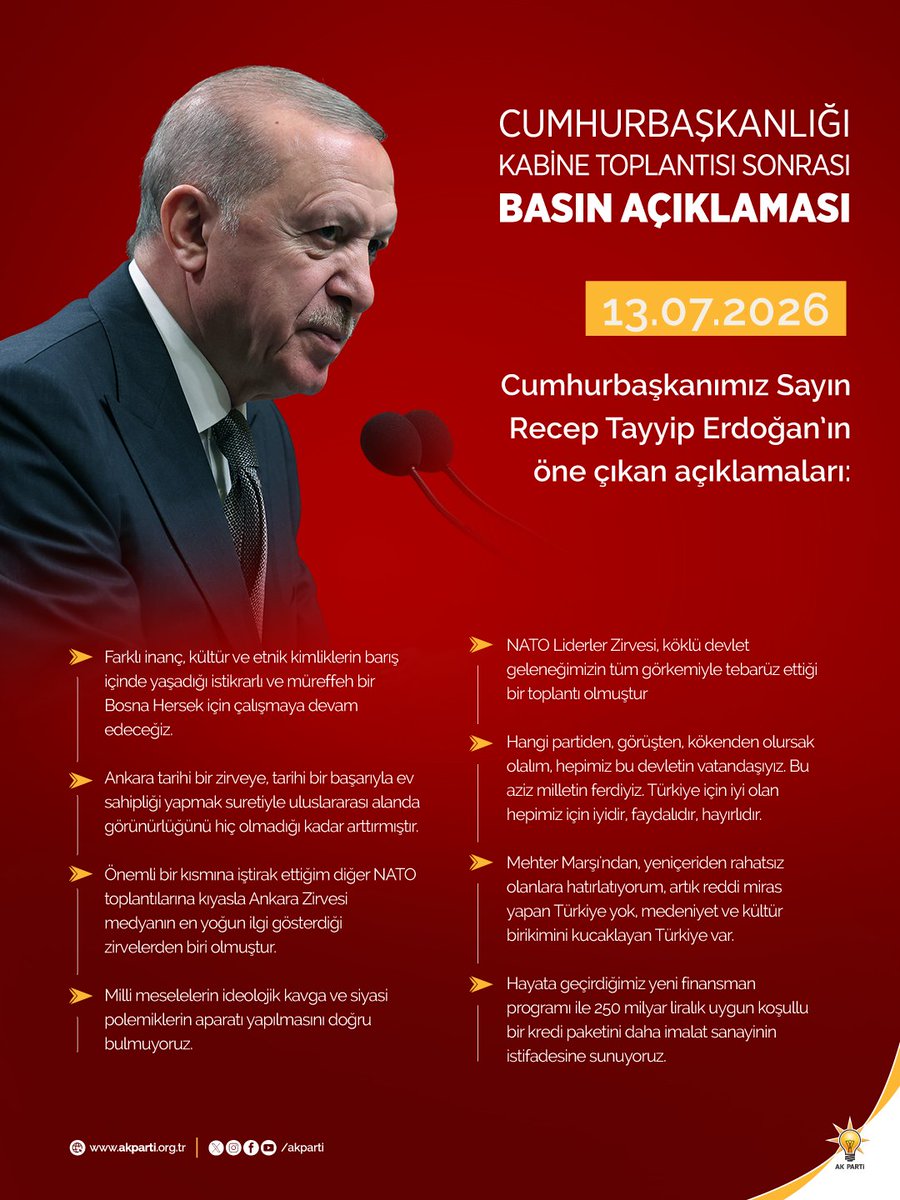 Akparti's tweet photo. Cumhurbaşkanımız Sayın Recep Tayyip Erdoğan’ın, Cumhurbaşkanlığı Kabine Toplantısı sonrası öne çıkan açıklamaları. https://t.co/yBtKjunI9R